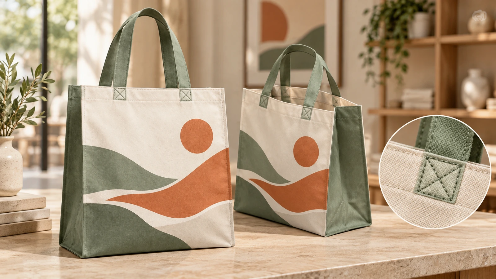 Due tote con stampa paesaggio e, in riquadro, un primo piano della cucitura dei manici box-X