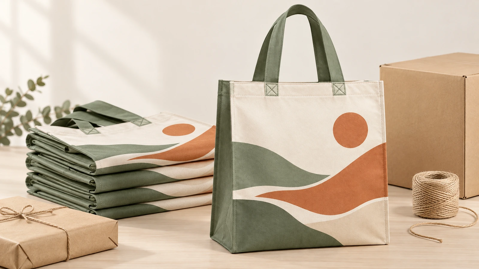 Tote con stampa paesaggio in posizione verticale e borse piegate accanto a una scatola di cartone e allo spago