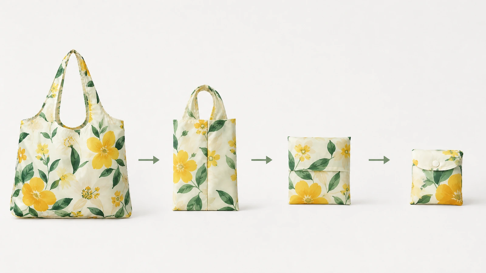 Illustrazione in quattro fasi che mostra una tote bag floreale piegata in una pochette compatta