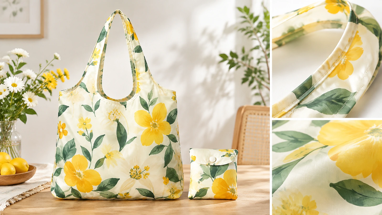 Collage di una tote bag floreale gialla e di una pochette con primi piani del manico e del tessuto