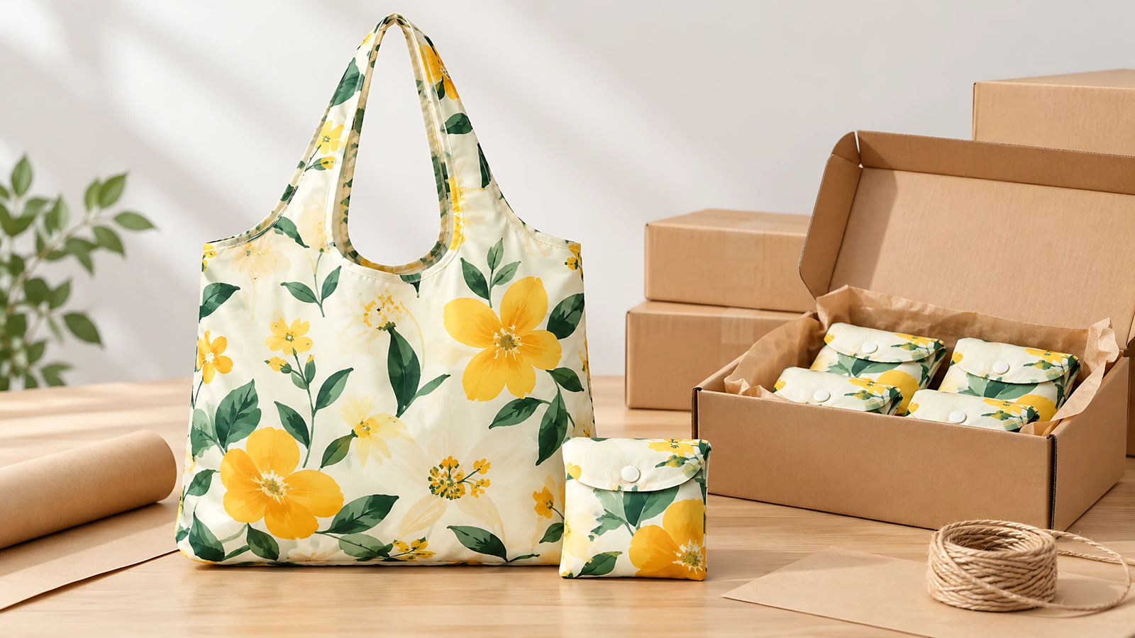 Tote bag floreale gialla e pochette ripiegate accanto a una scatola di cartone aperta e a materiali da imballaggio