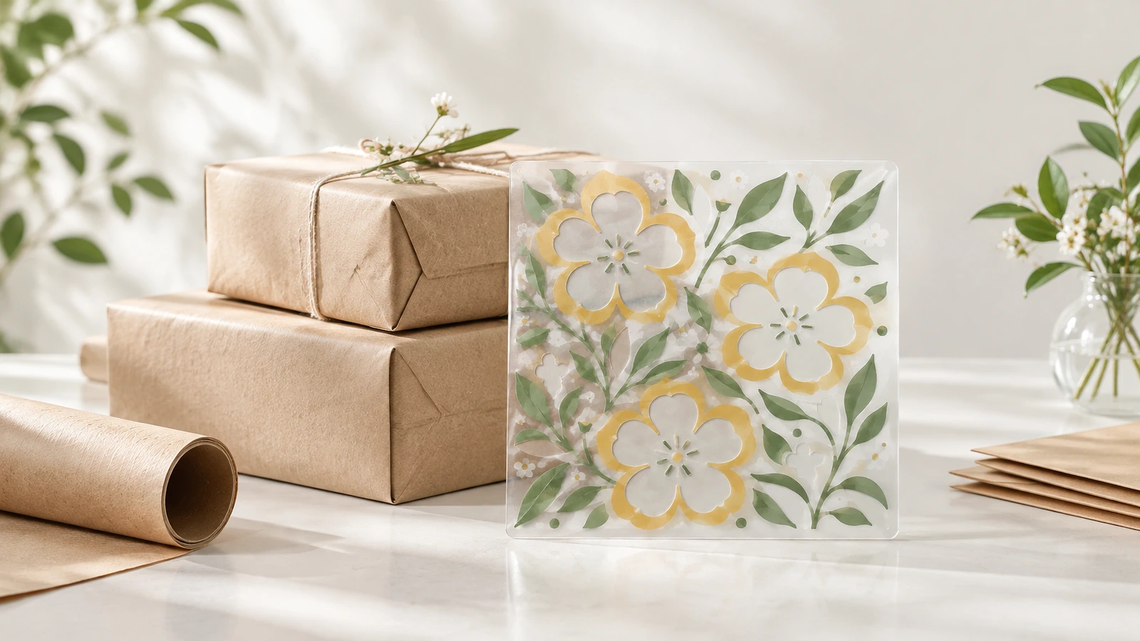 Foglio trasparente a motivo floreale accanto a scatole regalo in kraft e a un tubo di cartone