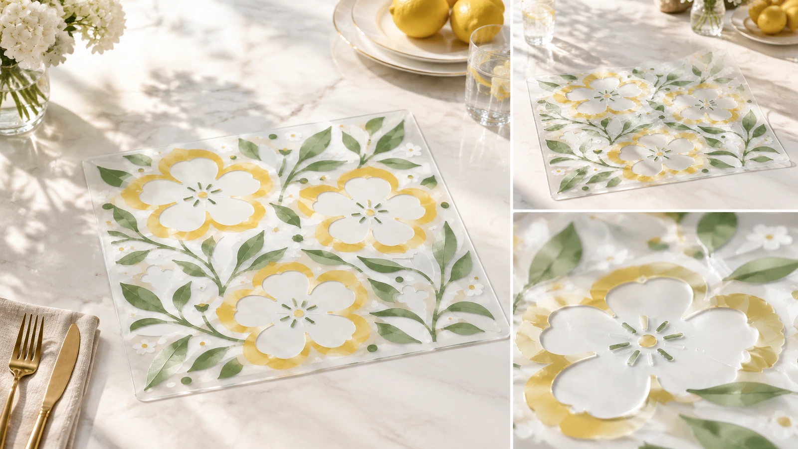 Collage con un foglio a motivo floreale su un tavolo da pranzo e un primo piano di un fiore