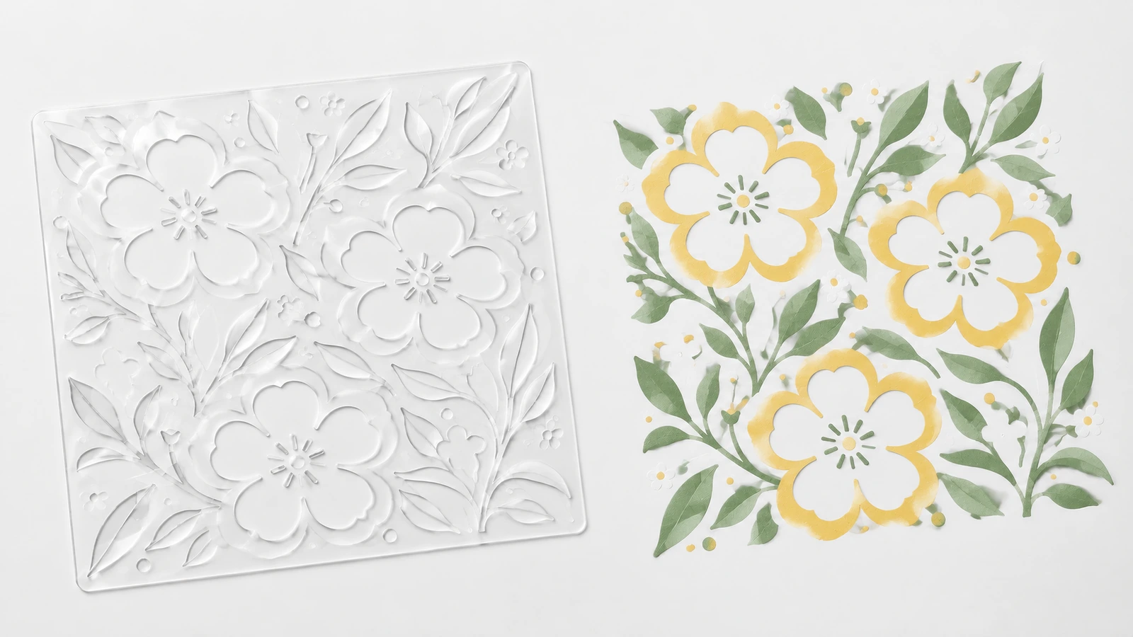 Stencil floreale non dipinto accanto a un disegno floreale giallo e verde abbinato