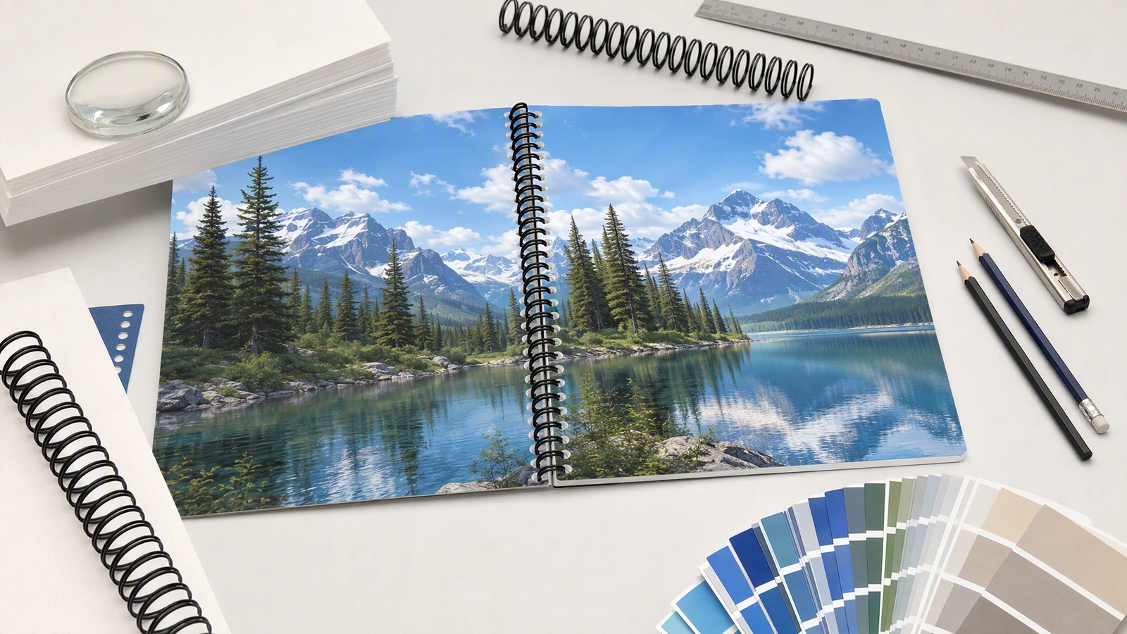Immagine illustrativa di una doppia pagina di quaderno con design a lago, accanto a un righello, strumenti da disegno, campioni di colore e spirali di rilegatura sciolte