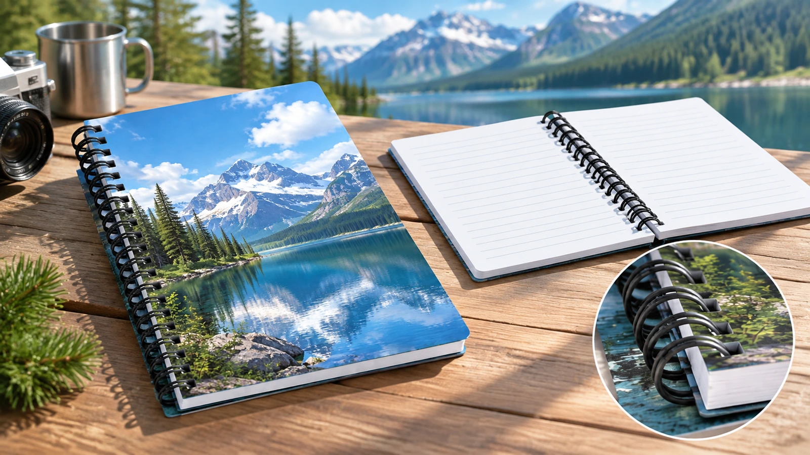 Immagine illustrativa di un quaderno con design a lago e di un quaderno a righe aperto all’aperto, con un riquadro di dettaglio della rilegatura