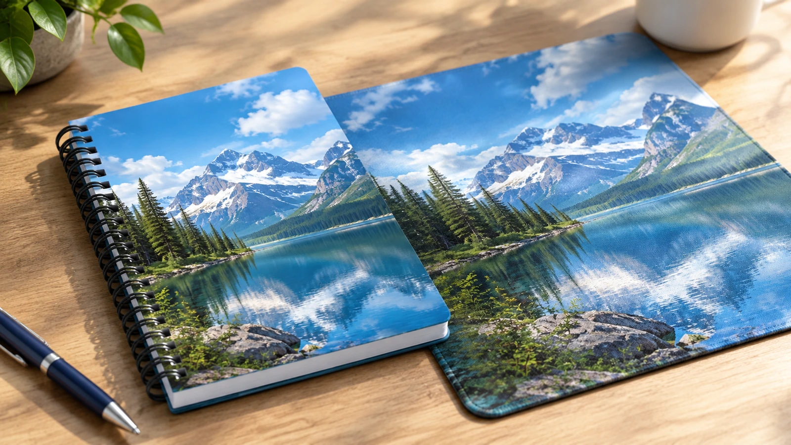 Immagine illustrativa di un quaderno chiuso con design a lago accanto a una doppia pagina aperta con paesaggio su una scrivania