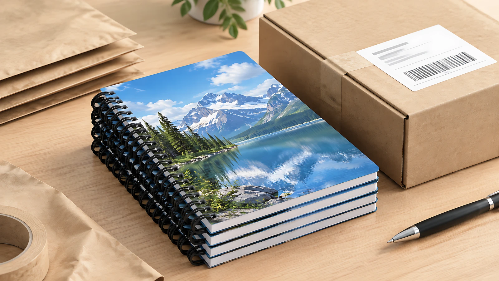 Immagine illustrativa di una pila di quaderni con design a lago accanto a un cartone etichettato e a mailer in carta kraft