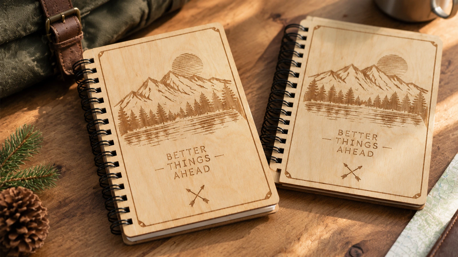 Due taccuini in compensato con disegno di montagna su una scrivania di legno accanto ad accessori da viaggio