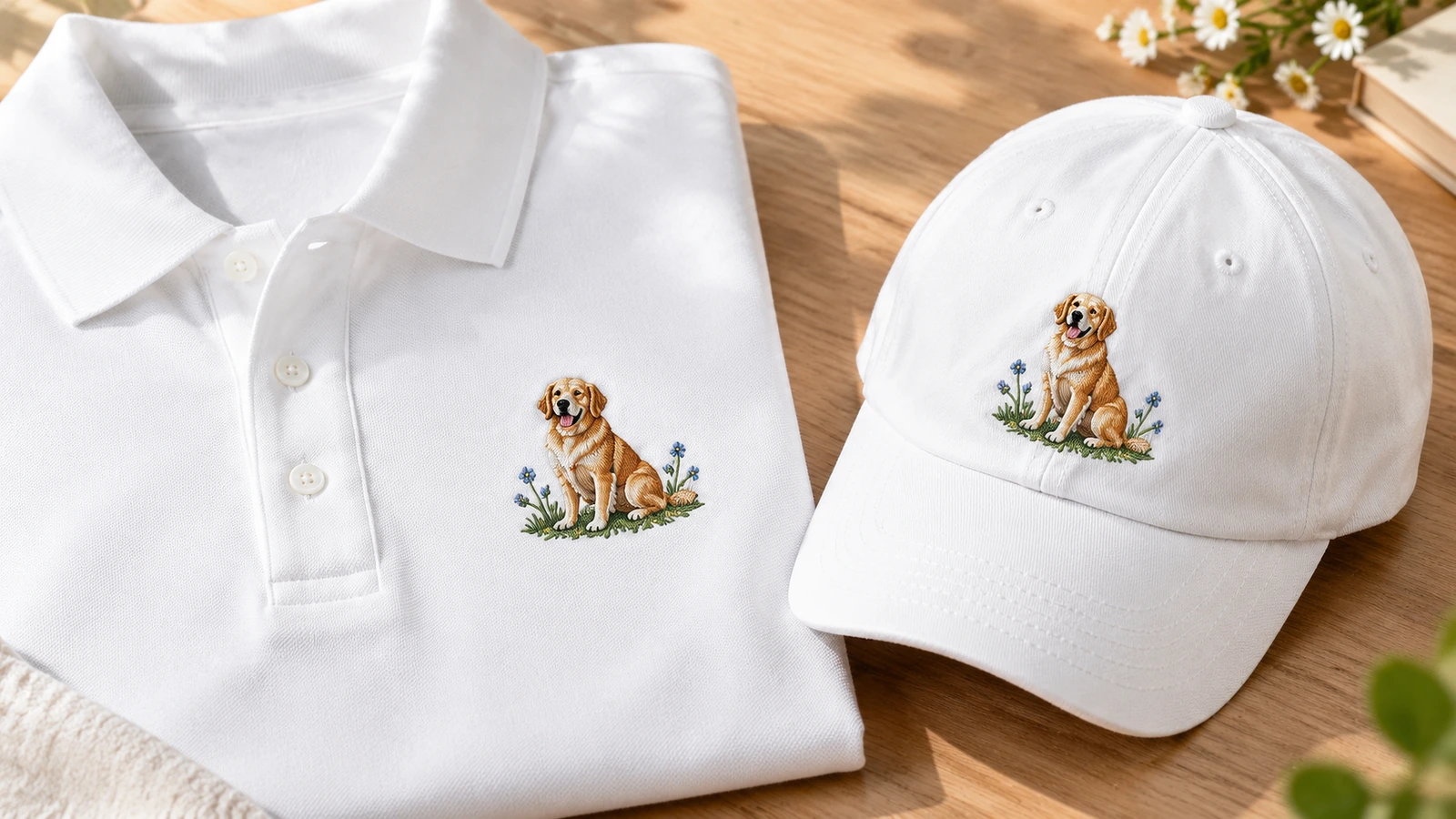 Maglia polo bianca piegata e berretto bianco abbinato con ricamo di cane su un tavolo di legno