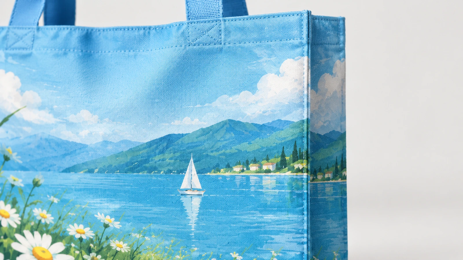 Tessuto stampato della tote bag e cucitura superiore Primo piano del tessuto della tote bag lake-and-daisy, della cucitura superiore e dei manici blu