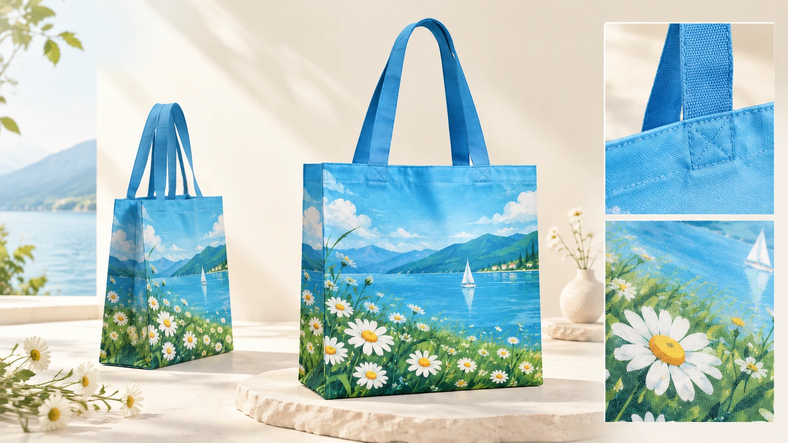 Viste della tote bag e dettaglio del manico Due tote bag blu stampate con primi piani della giunzione del manico e del tessuto floreale