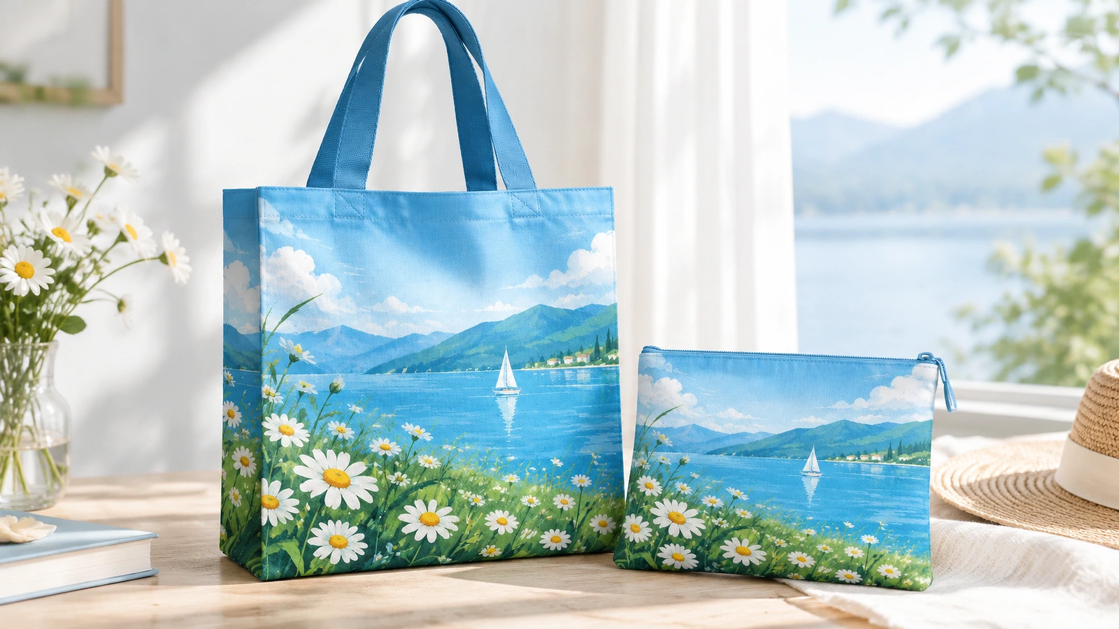 Tote bag stampata e pochette abbinata Tote bag blu lake-and-daisy stampata con pochette con zip abbinata, su un tavolo