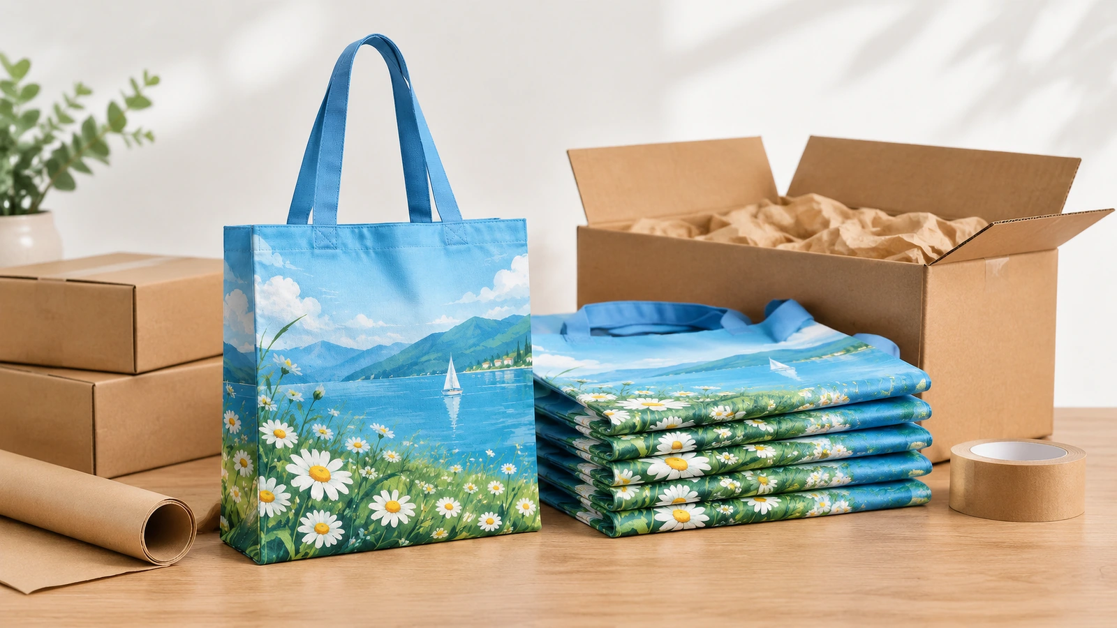 Tote bag stampate accanto a scatole da imballaggio Tote bag blu stampata e borse piegate impilate accanto a scatole da imballaggio in cartone