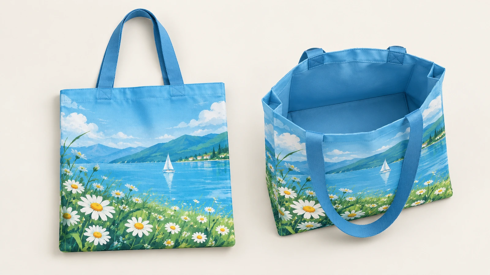 Viste frontale e interna di una tote bag stampata Viste frontale e dall'alto a bocca aperta di una tote bag blu stampata lake-and-daisy