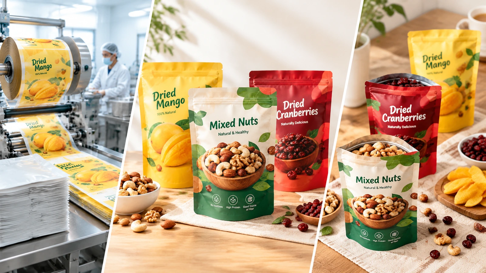 Collage di una linea di produzione di film stampato e di buste per snack finite