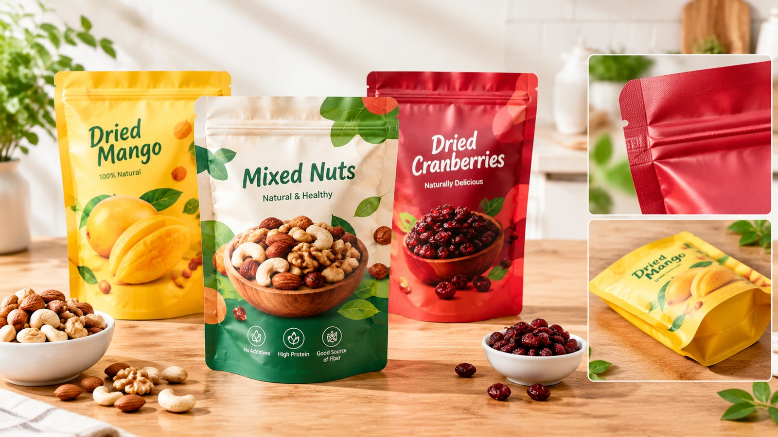 Esposizione di buste per snack con dettagli in evidenza della chiusura richiudibile e della base piegata della busta