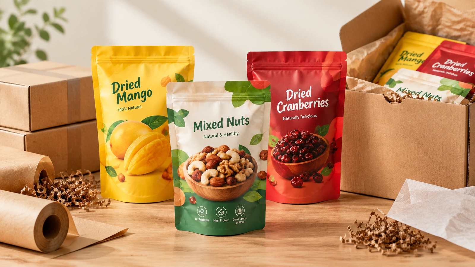 Buste per snack stampate accanto a cartoni di spedizione e materiali di imballaggio