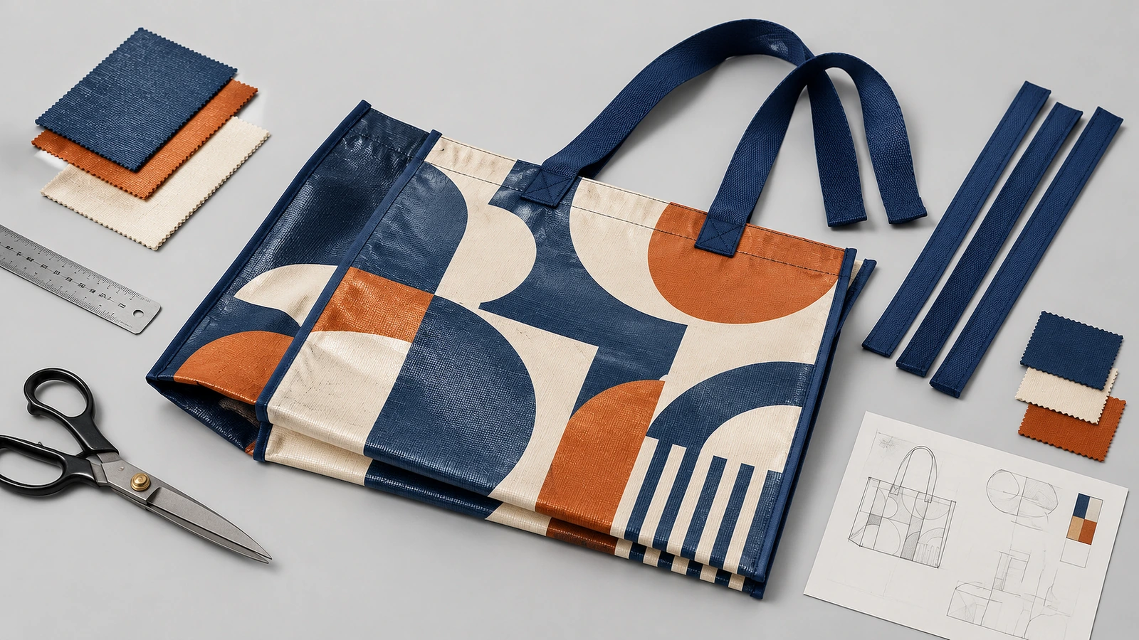 Tote a motivi blu navy, arancio e crema con pezzi di tessuto, manici, forbici e disegno di una borsa