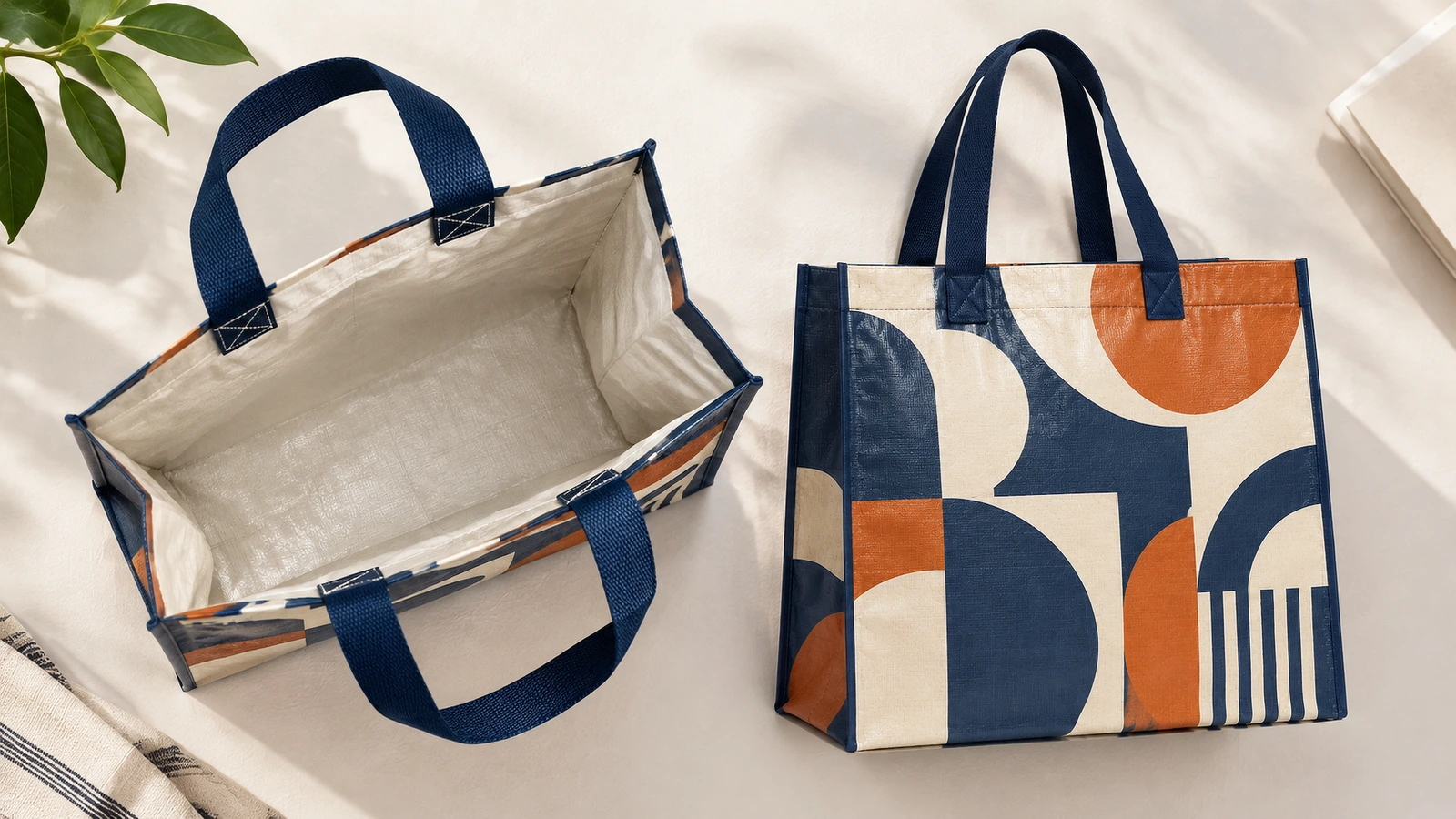 Viste aperta e in piedi di una tote a motivi con manici blu navy