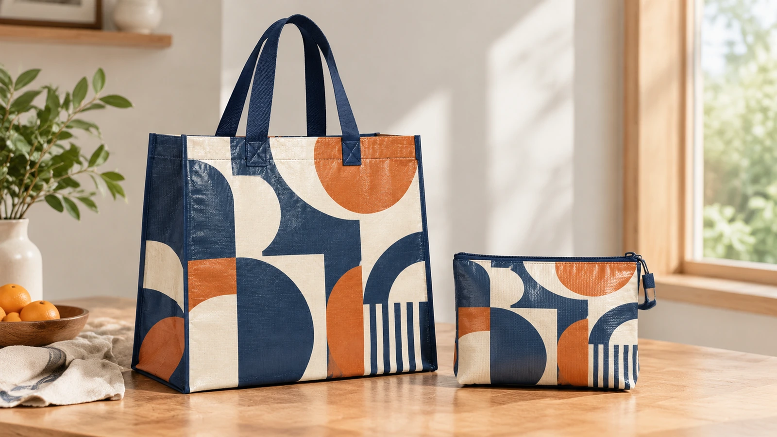 Tote a motivi geometrici e pochette con cerniera abbinata su un tavolo di legno