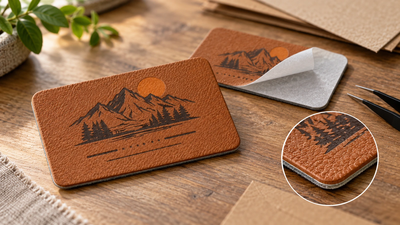 Etichette in pelle PU marrone con logo a montagna, con supporto siliconato sfilato e un riquadro circolare di dettaglio