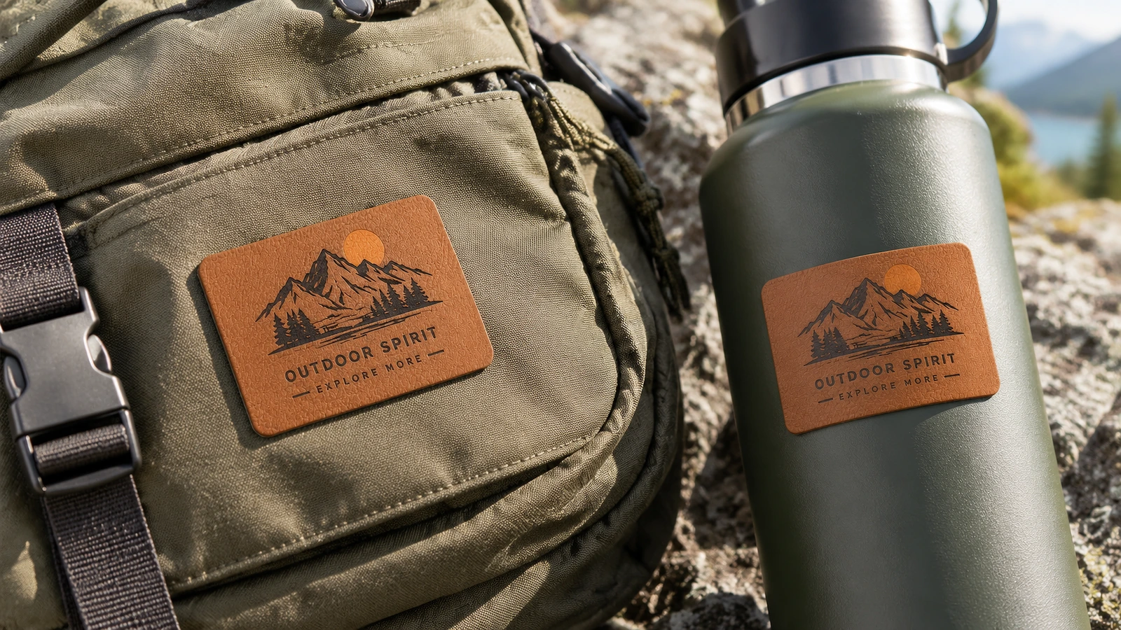 Etichette in pelle PU marrone con logo a montagna su uno zaino verde e una borraccia verde