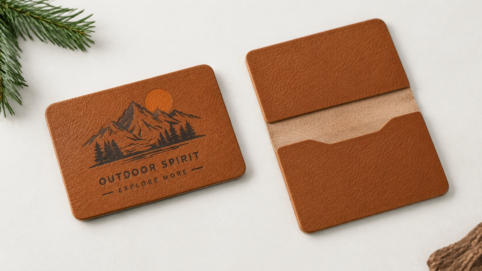 Fronte di un'etichetta marrone in pelle PU con logo a montagna, accanto al retro con supporto siliconato diviso