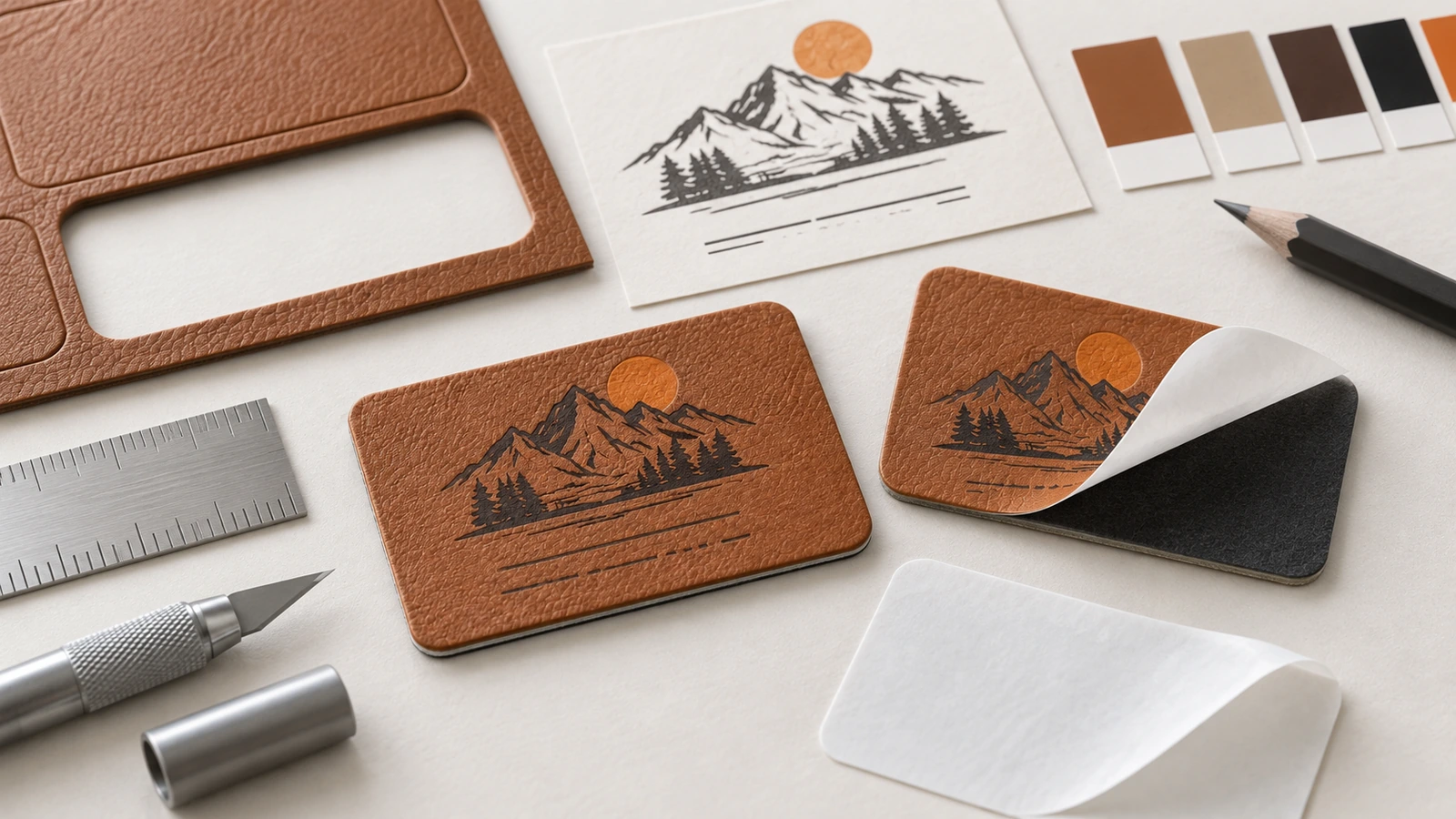 Etichette logo in pelle PU marrone con grafica a montagne, campioni di colore e supporto siliconato sfilato