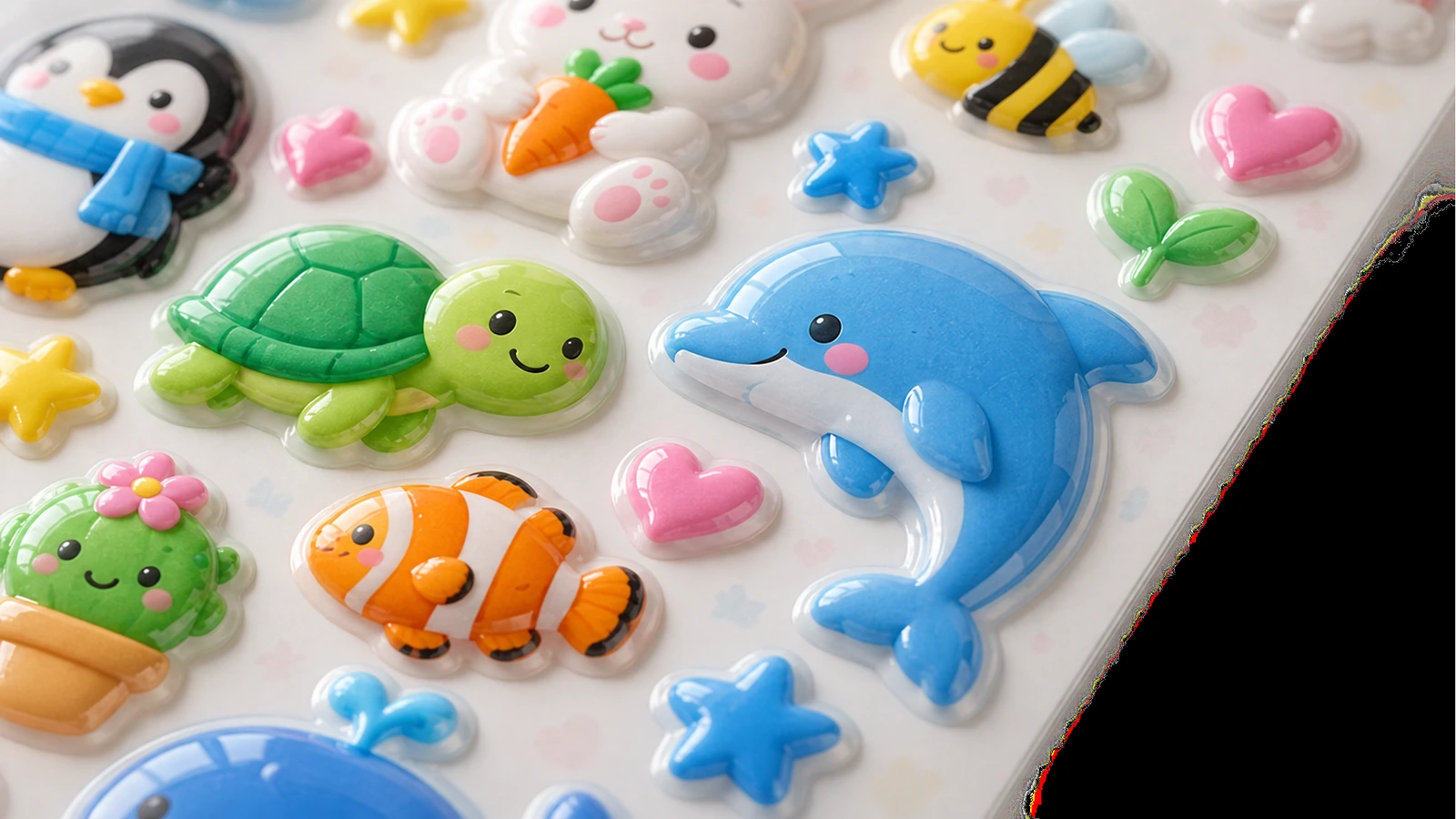 Primo piano di adesivi puffy lucidi di delfino, tartaruga, coniglio e pesce su un foglio