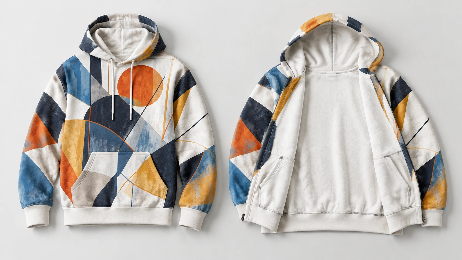 Felpa con cappuccio pullover mostrata con il davanti stampato esterno e la superficie interna chiara esposta
