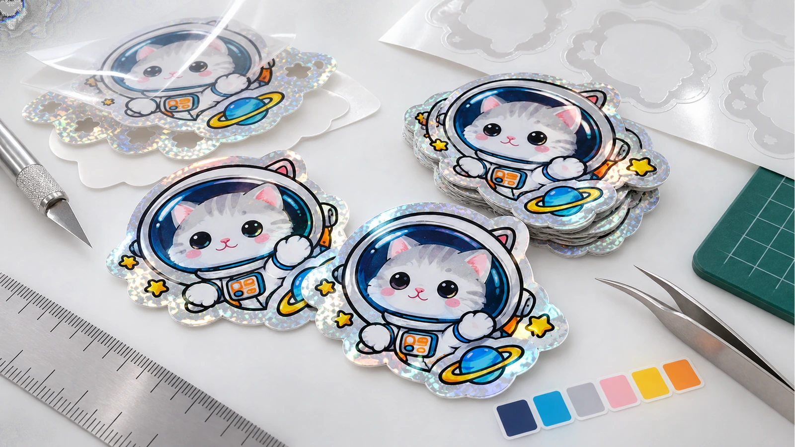 Adesivi fustellati a forma di gatto astronauta con bordi lucidi decorati, disposti accanto a un righello, strumenti da taglio e campioni di colore