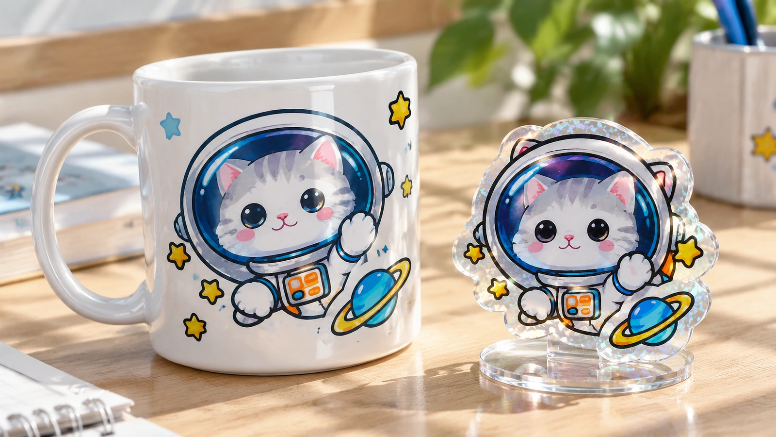 Grafica gatto astronauta su una tazza bianca accanto a un ritaglio abbinato esposto su un supporto trasparente