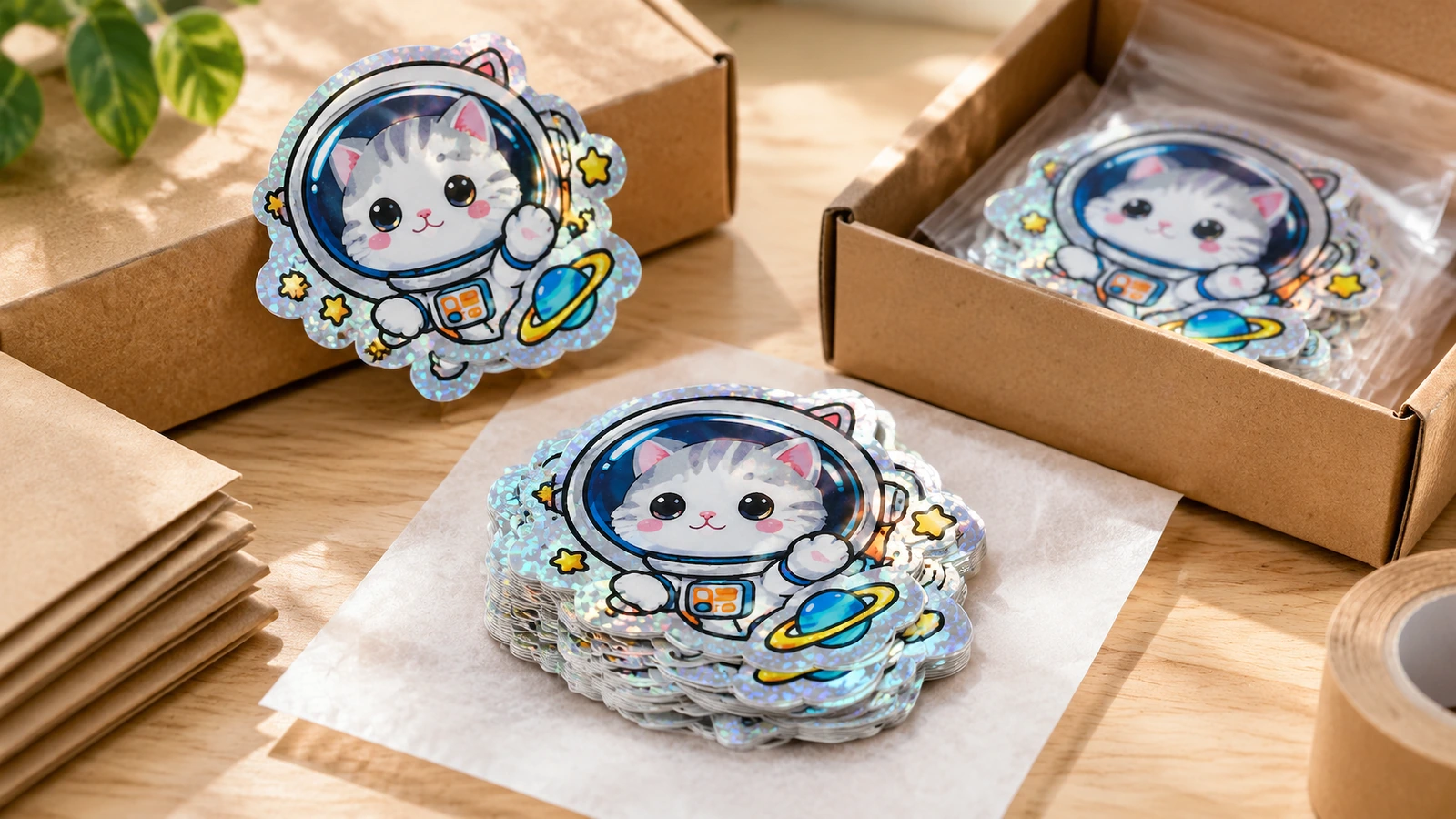 Adesivi gatto astronauta disposti accanto a un imballaggio in kraft, con una pila di adesivi su carta velina e adesivi confezionati in una scatola aperta