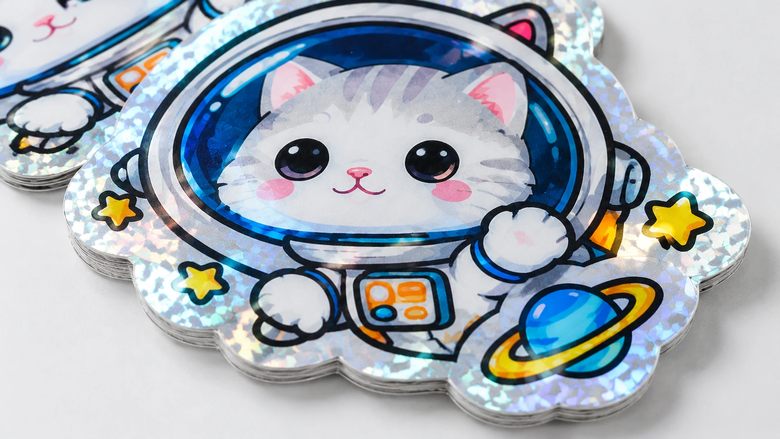 Primo piano di adesivi gatto astronauta impilati con bordo lucido decorato, stelle e un pianeta blu con anelli