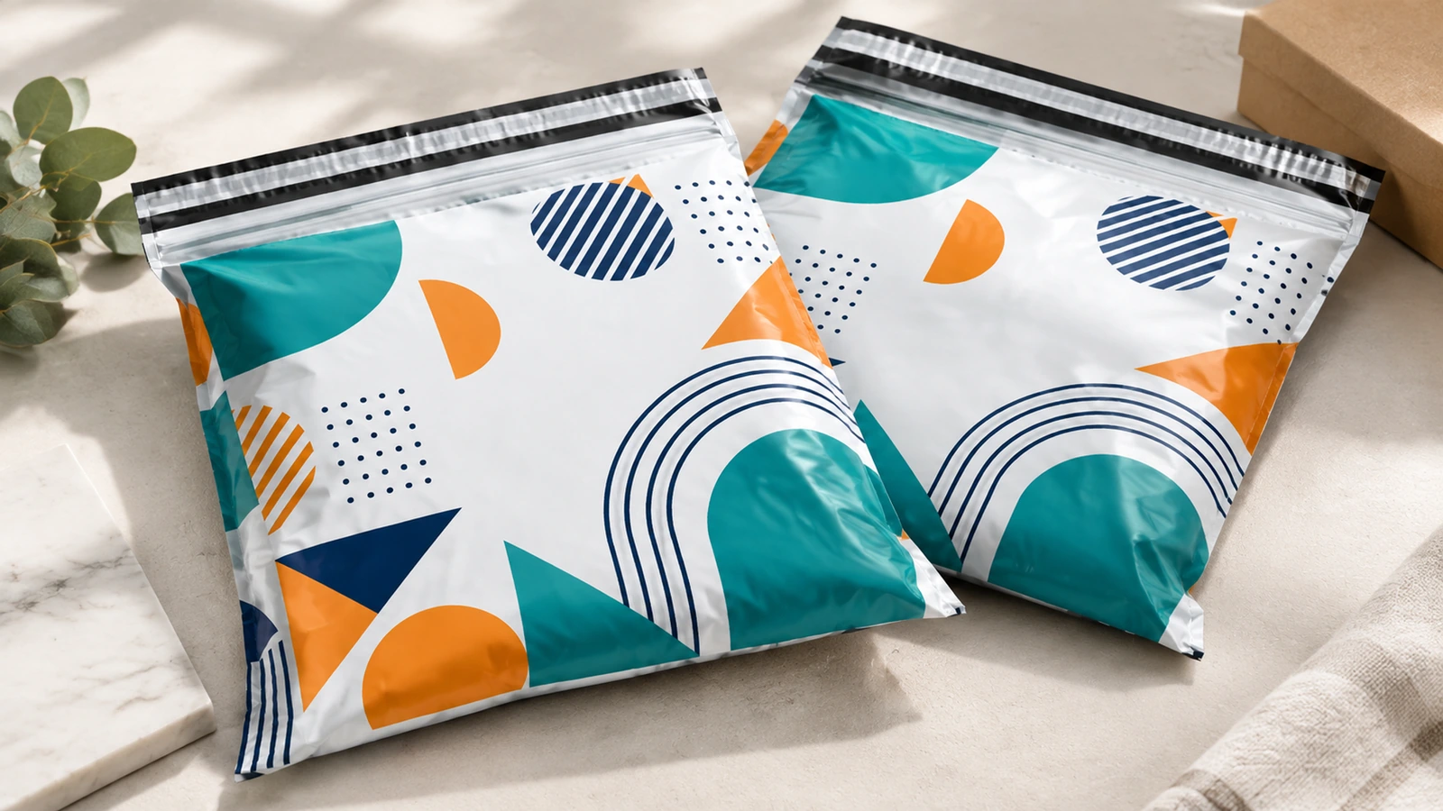 Illustrazione di due mailer con stampa geometrica riempiti accanto a scatole di cartone