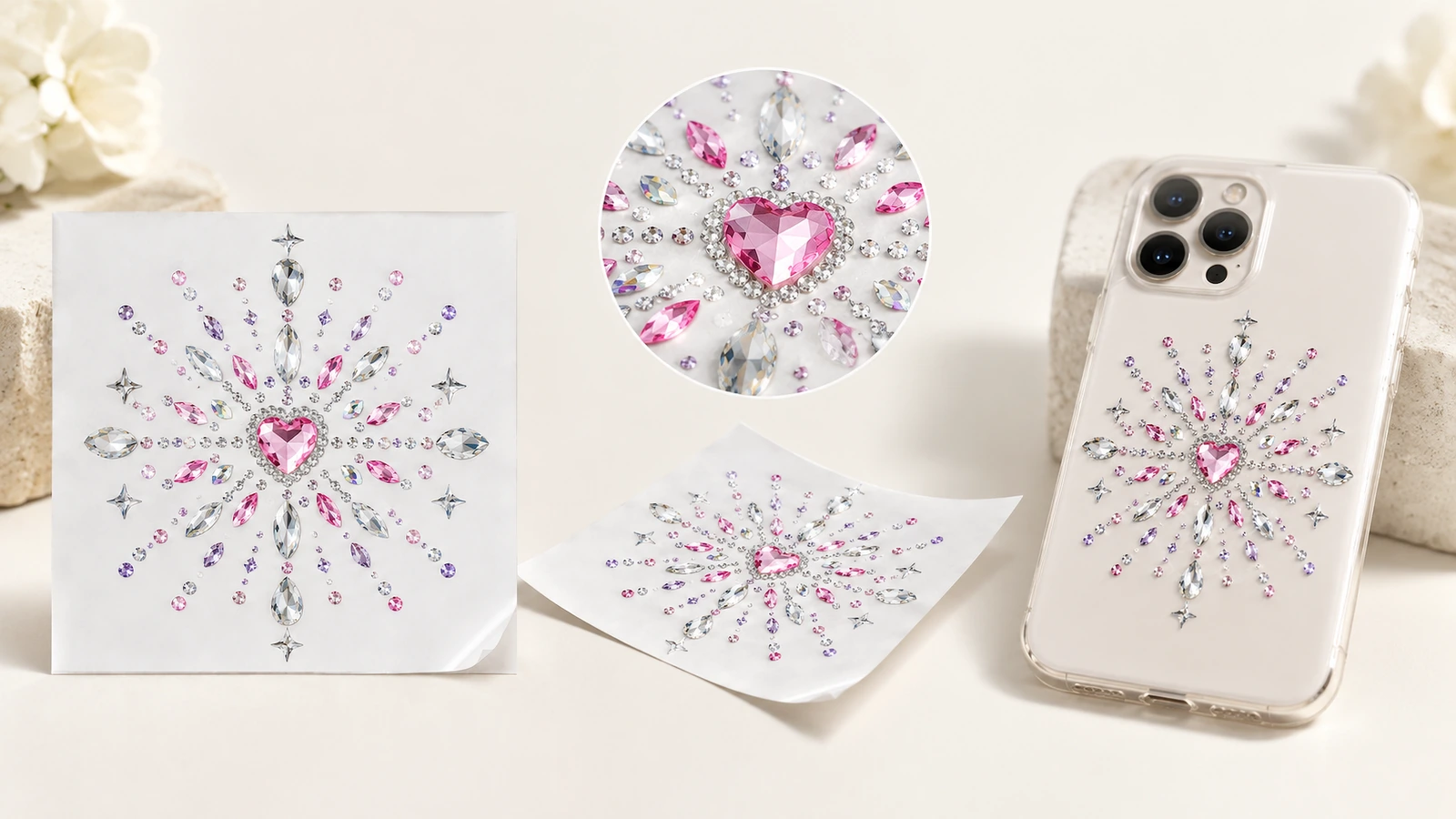 Motivi di strass con centro a cuore su fogli bianchi e una cover trasparente per cellulare, con un dettaglio circolare in riquadro