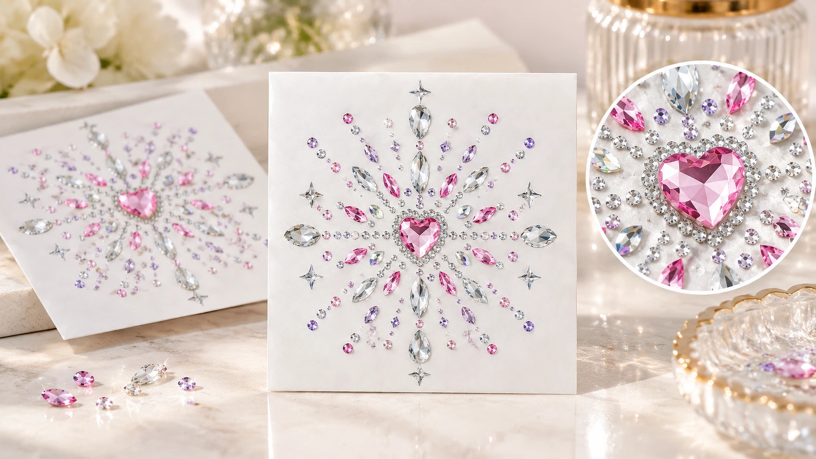 Motivi di strass con centro a cuore esposti su fogli bianchi con un primo piano circolare della pietra centrale rosa