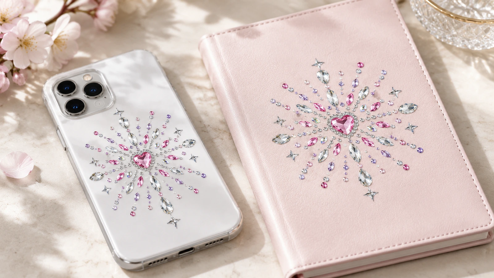 Motivi di strass rosa con centro a cuore abbinati che decorano una cover trasparente per cellulare e un taccuino rosa