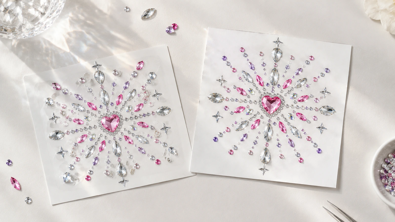 Due motivi di strass abbinati con centro a cuore su fogli bianchi con strass rosa, viola e trasparenti