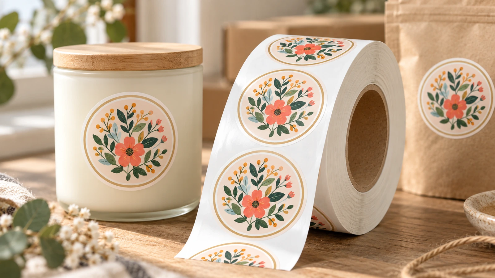 Un rotolo di etichette floreali accanto a un barattolo di candela e a una busta in kraft con etichette rotonde abbinate