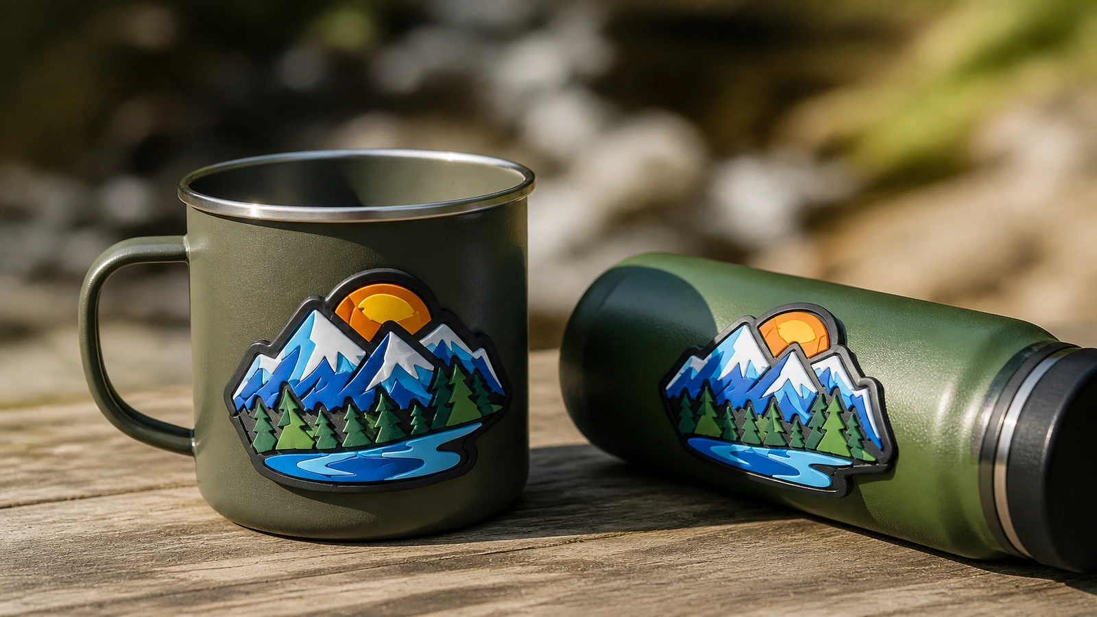 Scena di applicazione dell'etichetta su una tazza e una borraccia Etichette con grafica di montagna su una tazza da campeggio e una borraccia, accanto a un ruscello