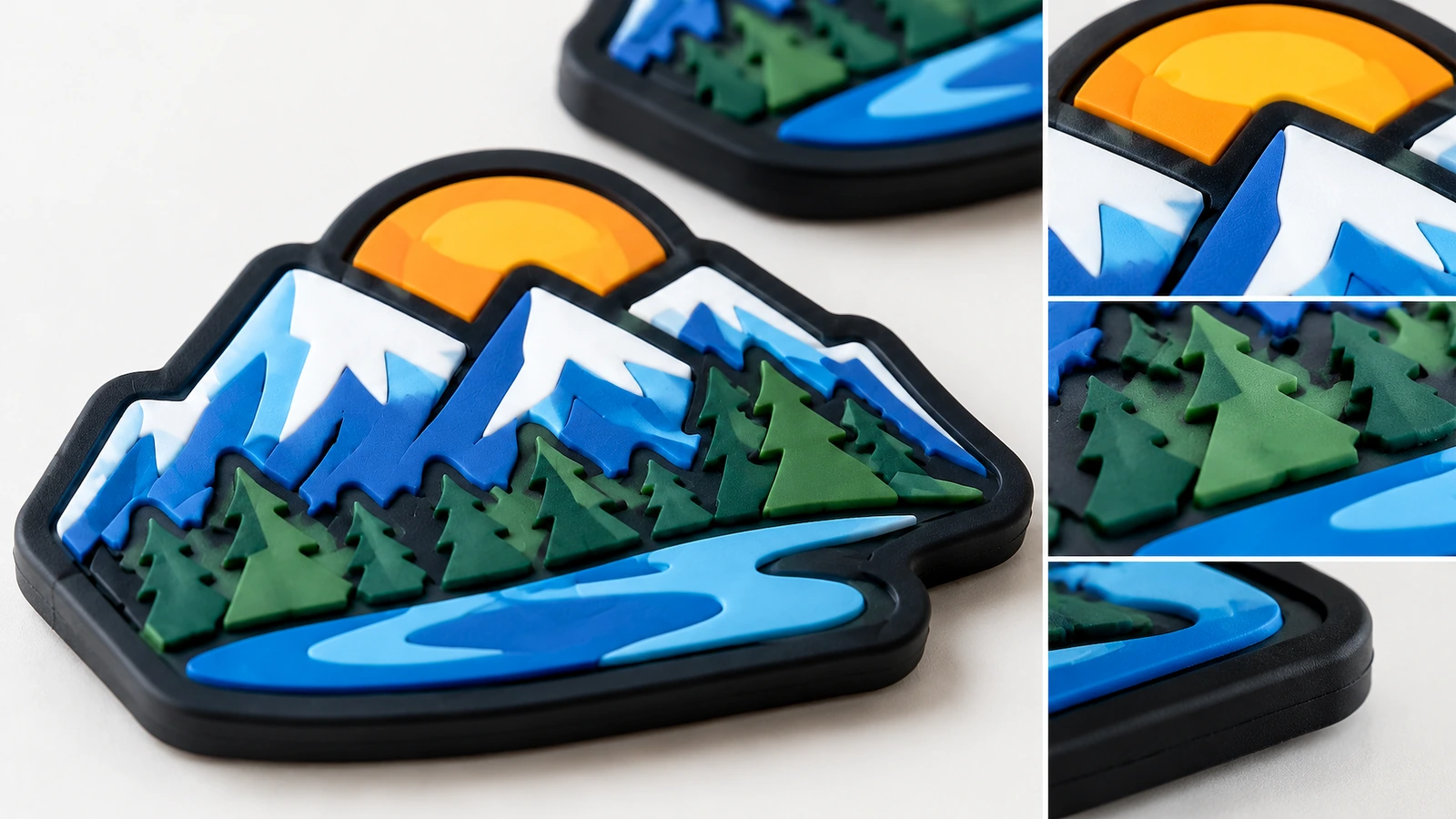 Dettagli in rilievo dell'etichetta con grafica di montagna Primo piano di un'etichetta in PVC morbido con grafica di montagna e riquadri di dettaglio di sole, montagne, alberi e fiume