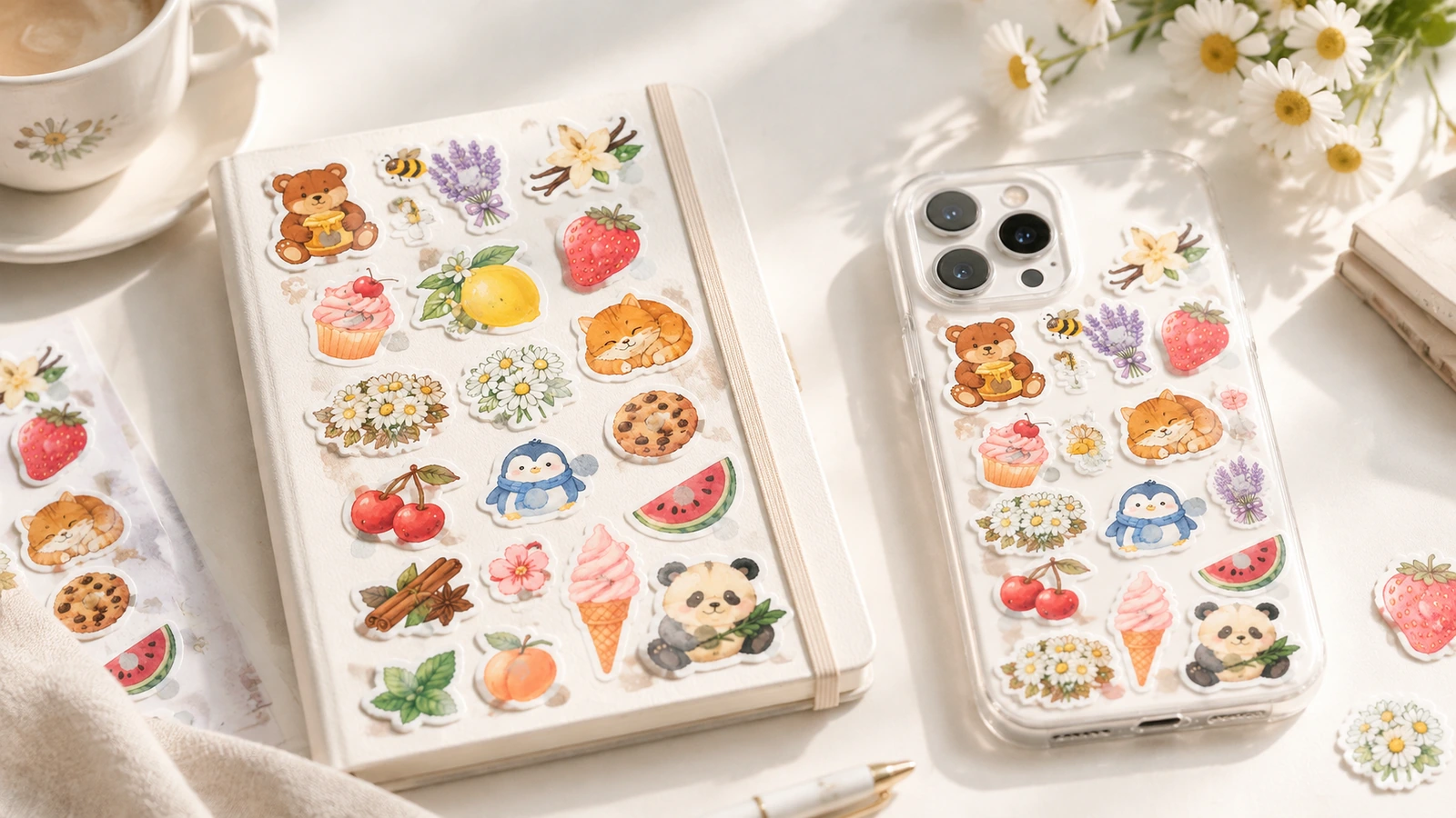 Disegni di adesivi abbinati di frutta, fiori e animali esposti su un quaderno e su una cover trasparente per telefono