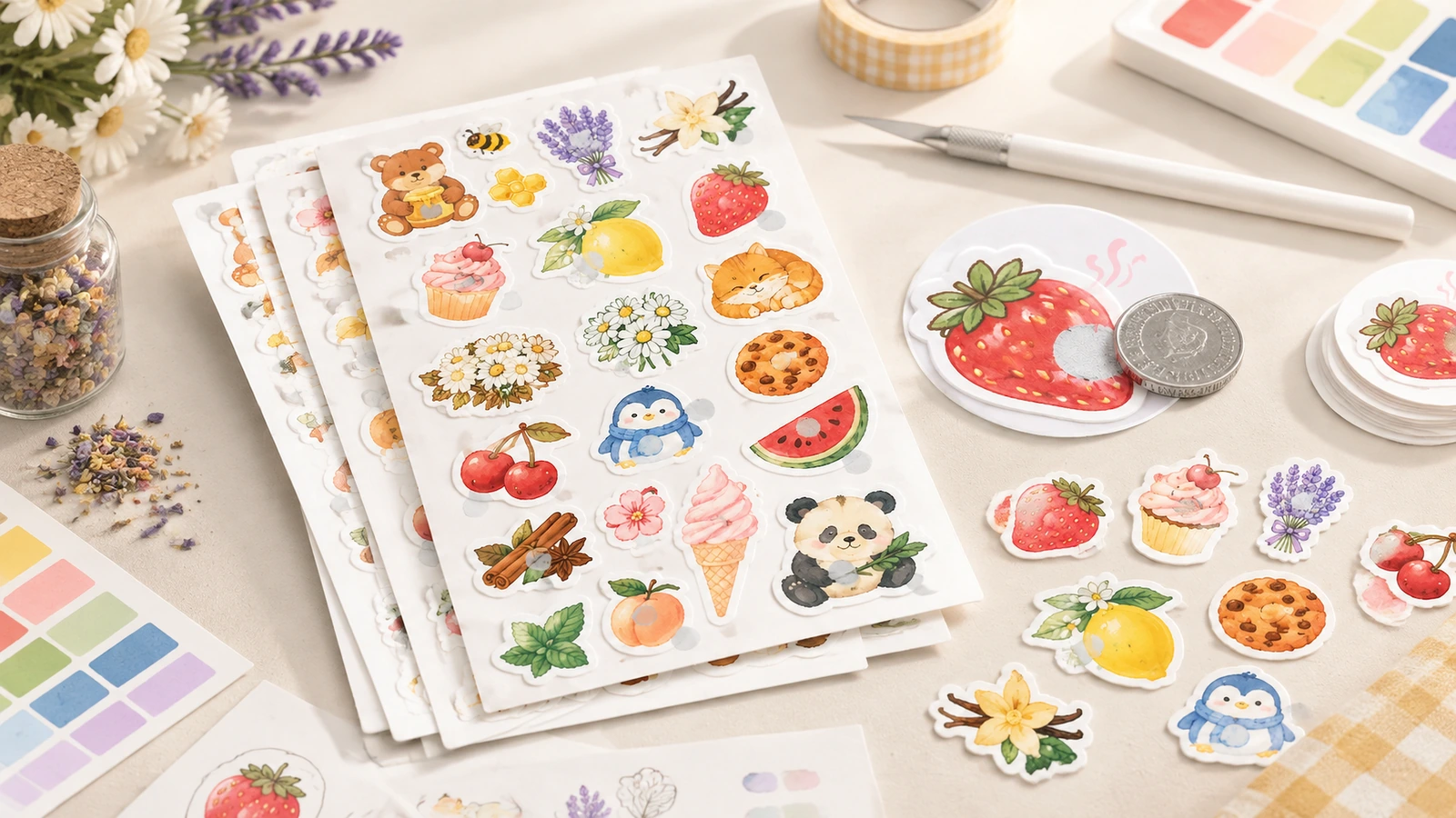 Fogli di adesivi illustrati e frutti, fiori e animali sciolti, disposti con campioni di colore e strumenti per il disegno