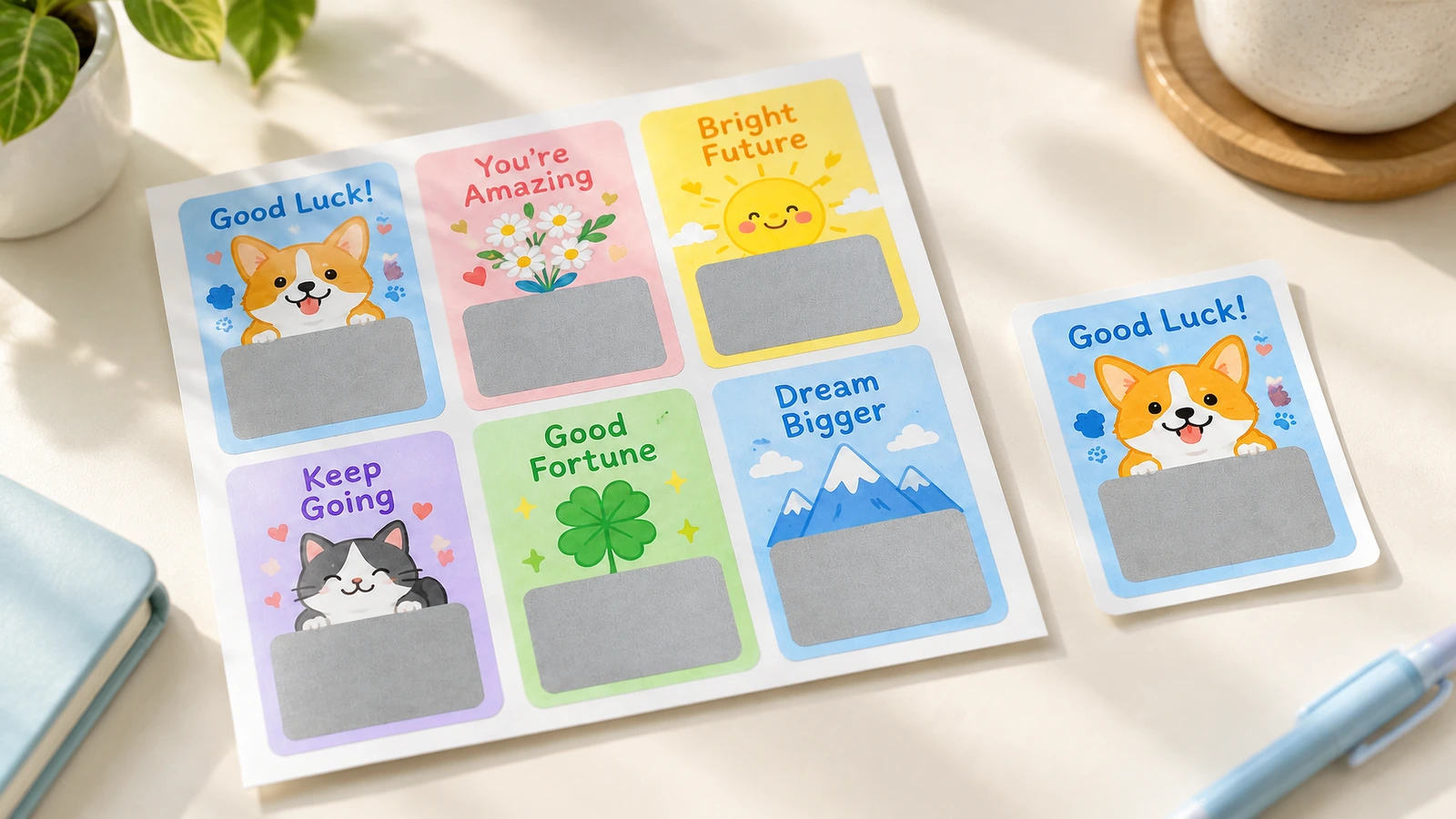 Foglio di carte premio colorate e una carta separata con disegno di cane, con pannelli grattabili argentati, su una scrivania