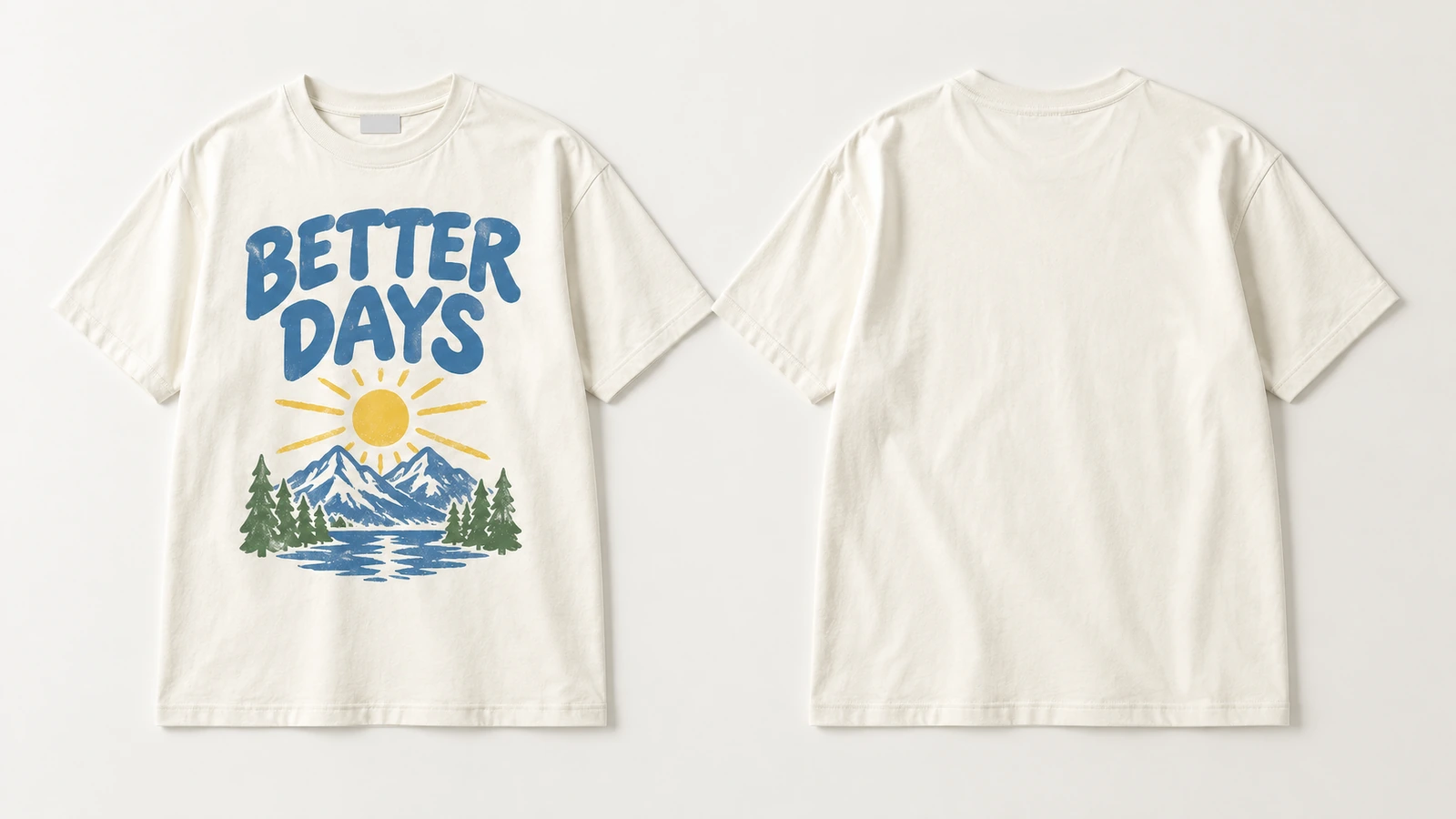 Vista frontale e del retro senza stampa di una T-shirt crema con grafica di montagna e sole