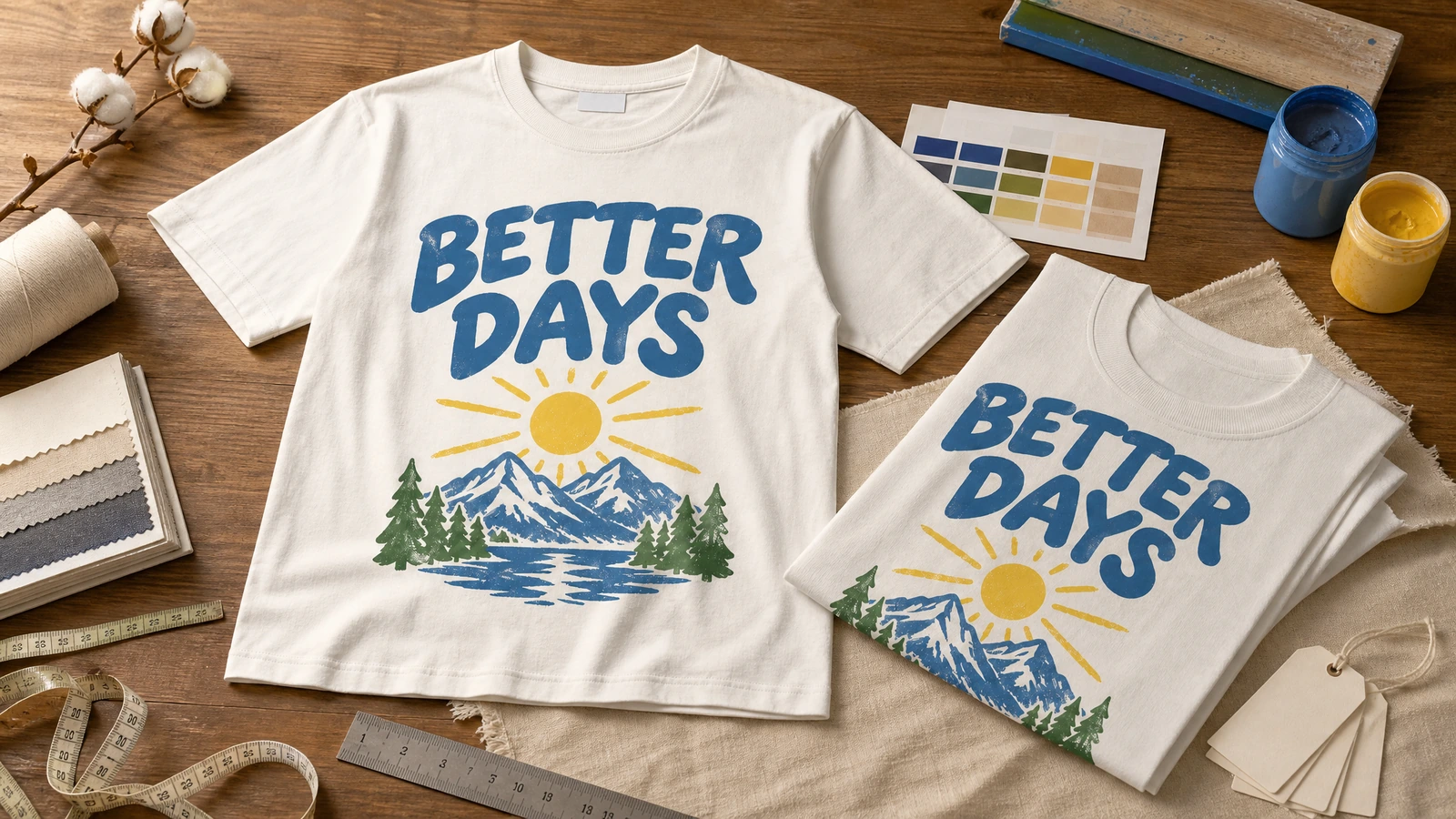 T-shirt crema stampate e piegate accanto a contenitori di inchiostro, campioni di colore e campioni di tessuto
