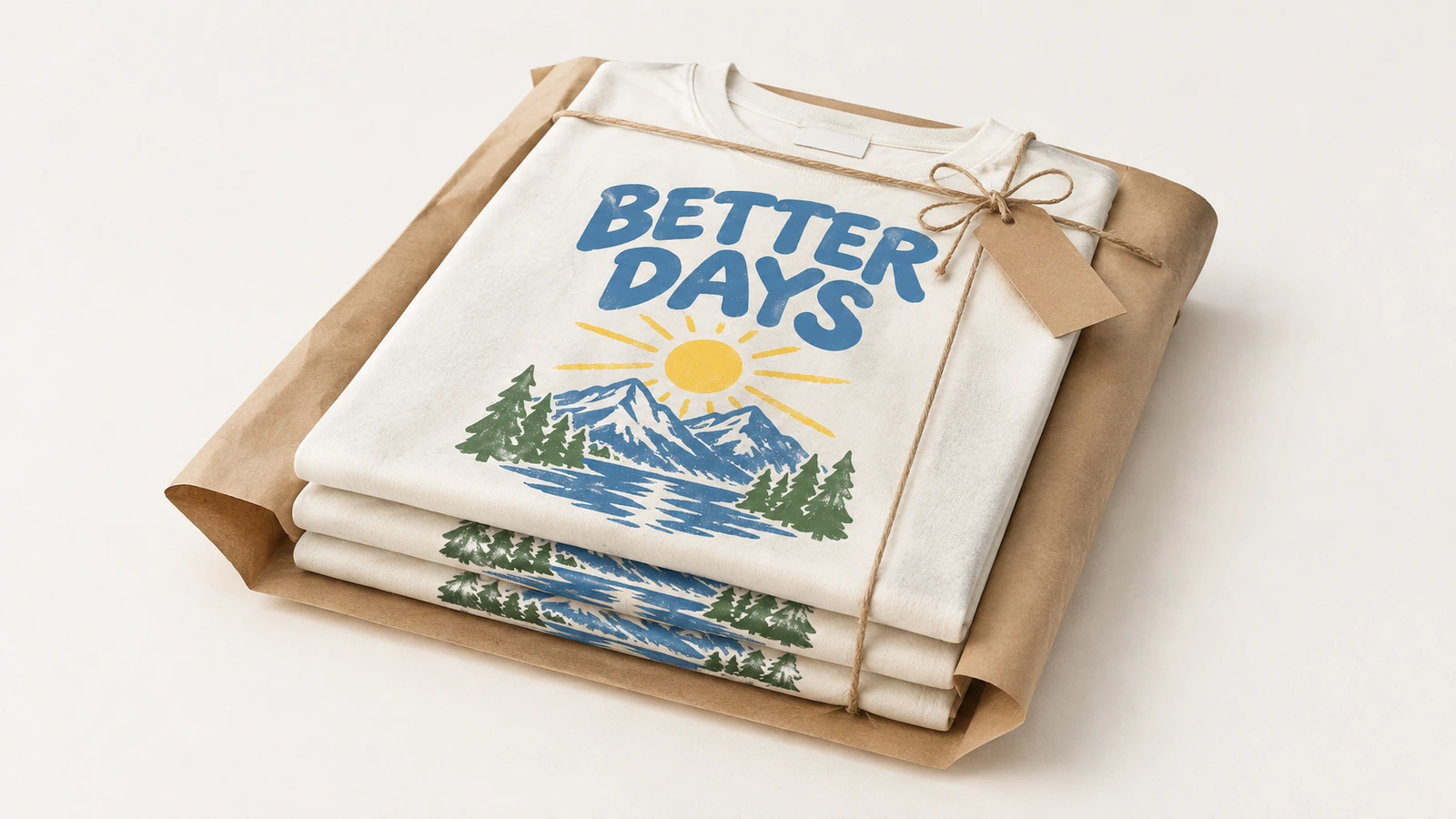 T-shirt stampate piegate, avvolte in carta kraft e legate con spago