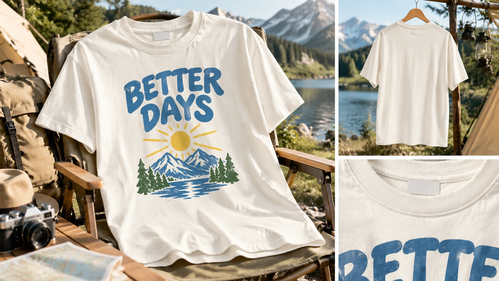 Esposizione all'aperto di T-shirt con riquadri di dettaglio del retro senza stampa e dello scollo
